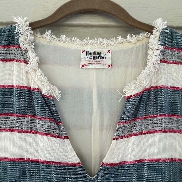 Anthropologie Holding Horses Stripe Cream Blue Fringe Shift Dress Size 4 - Picture 5 of 14